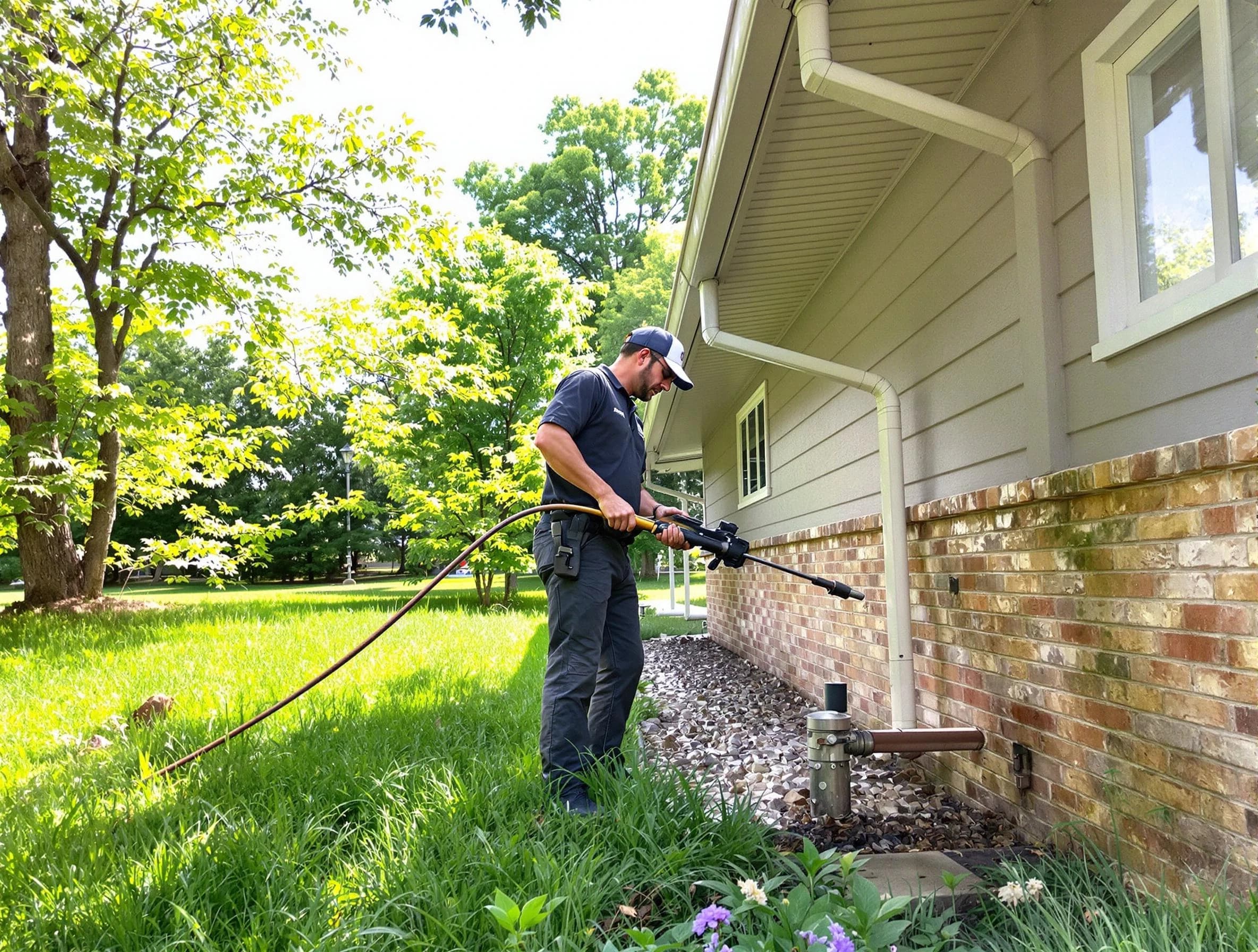 Lakewood Roofing Company removing debris from a downspout in Lakewood, OH