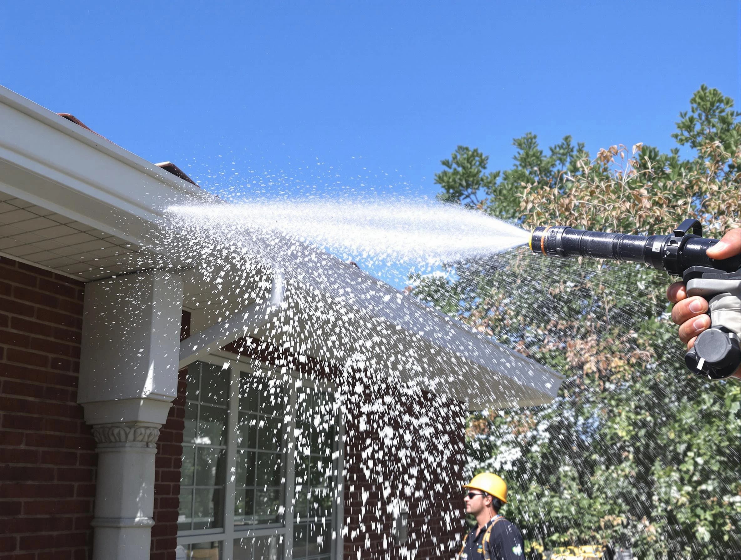 Cleared downspout by Lakewood Roofing Company ensuring unrestricted flow in Lakewood, OH