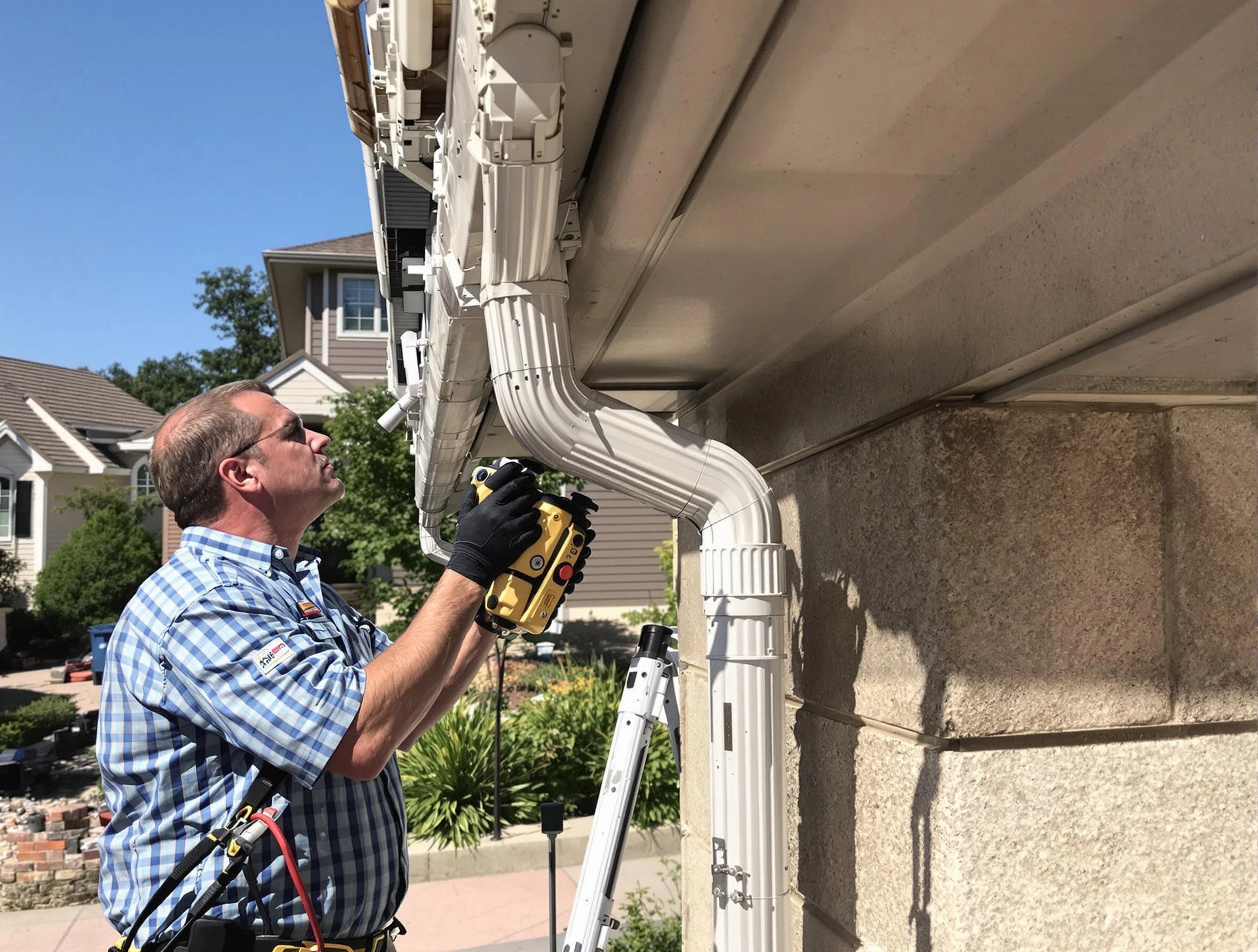 Close-up of a restored downspout system by Lakewood Roofing Company in Lakewood, OH