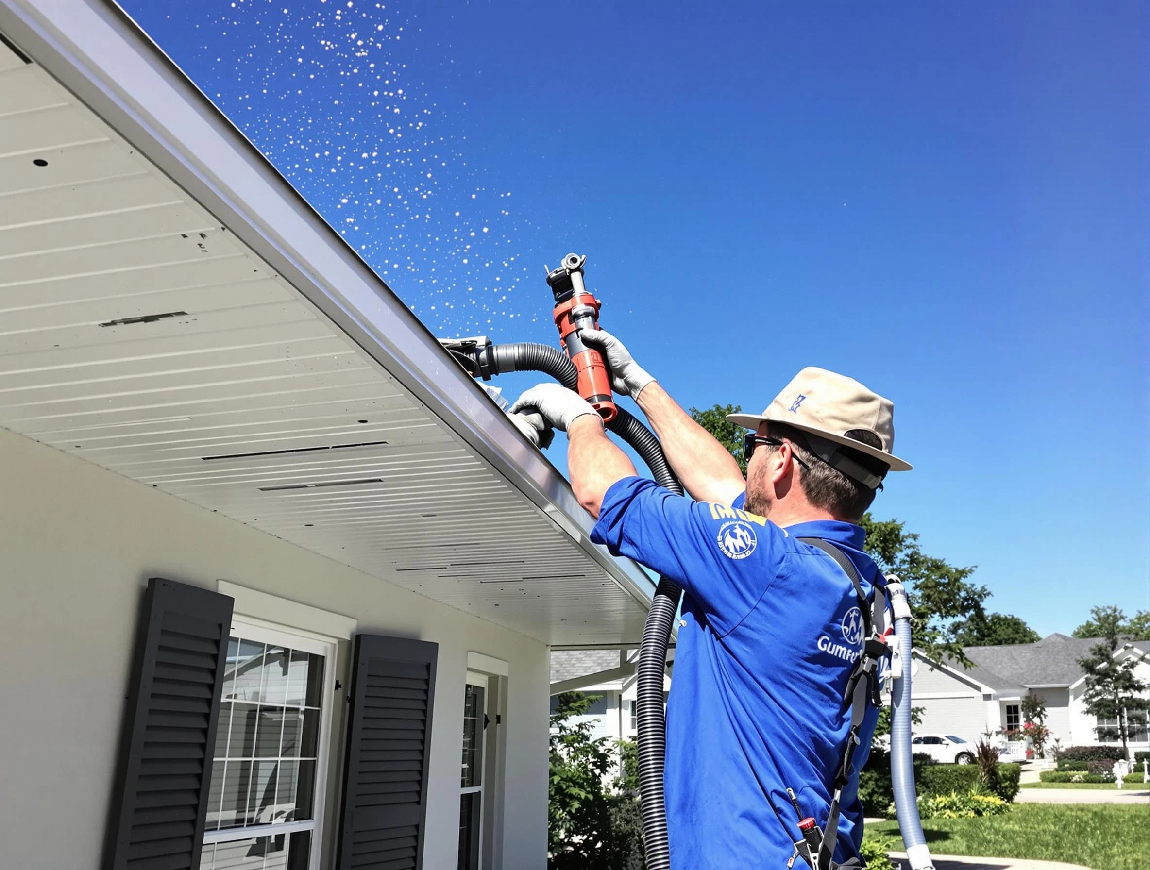 Technician completing a gutter cleaning project by Lakewood Roofing Company in Lakewood, OH