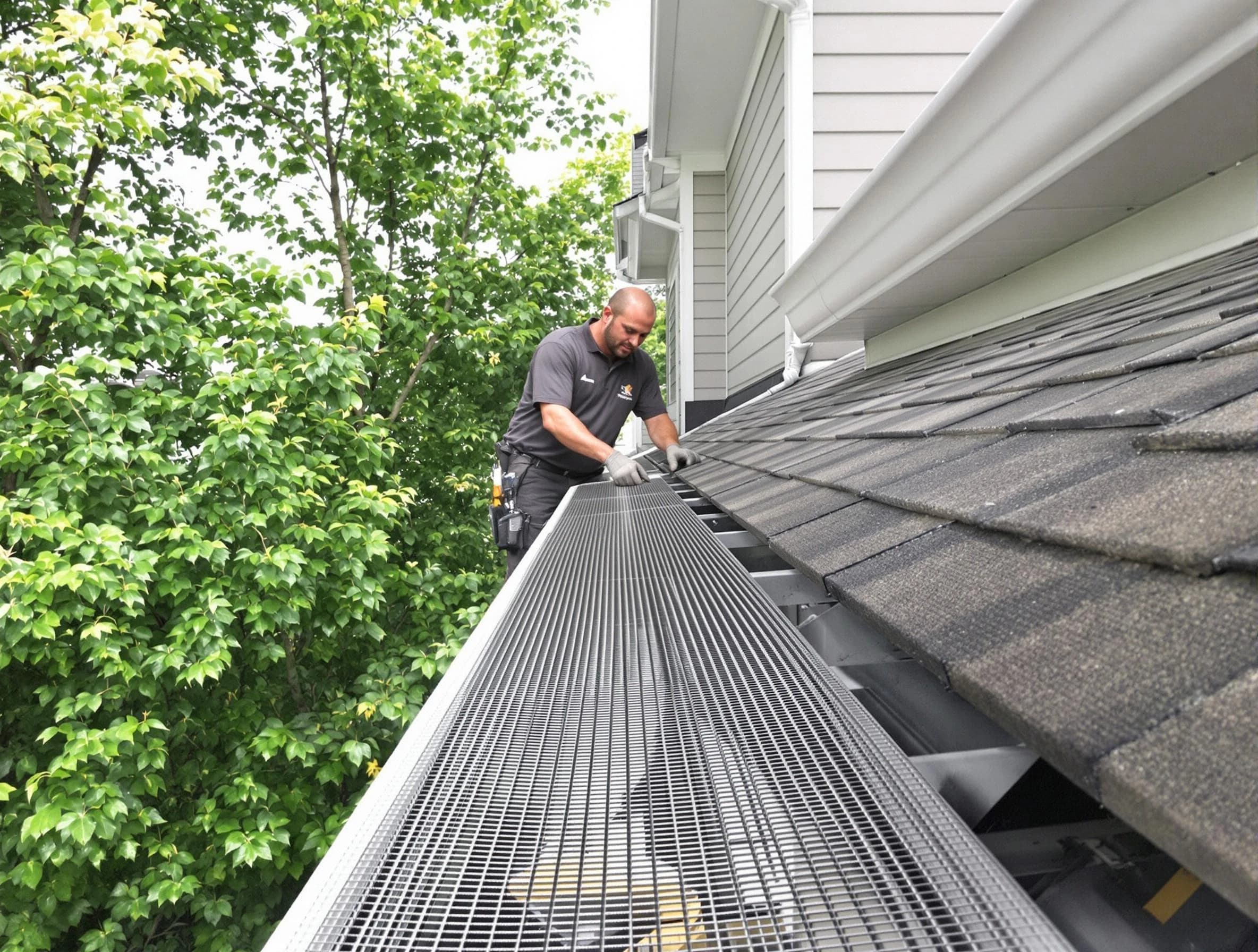 Close-up of gutter guards installed by Lakewood Roofing Company in Lakewood, OH