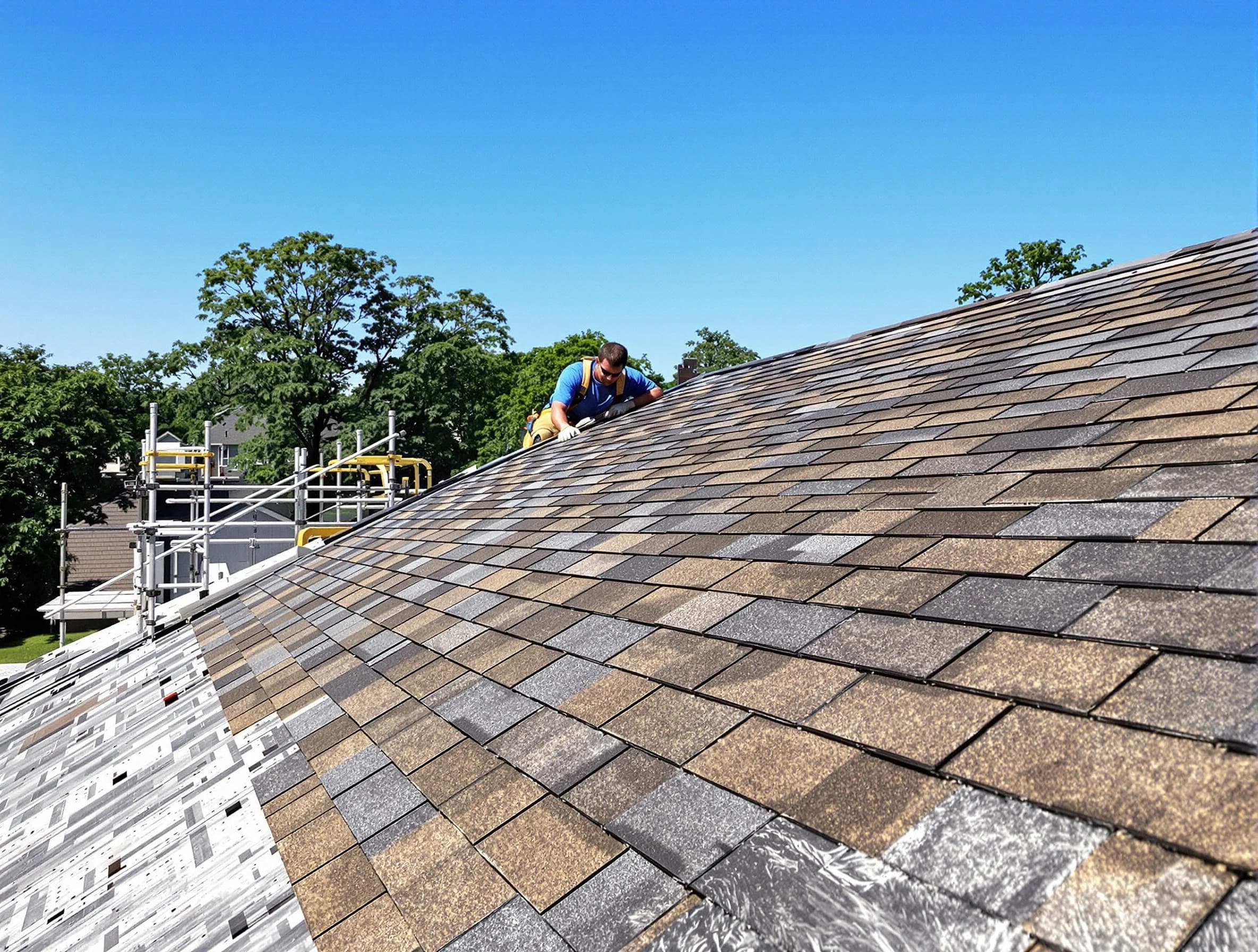 Close-up of new shingles installed by Lakewood Roofing Company in Lakewood, OH